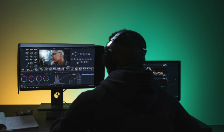 Editor colour grading an interview in a dark edit suite