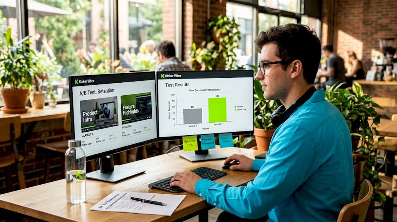 Analyst reviewing A/B video test results at desk