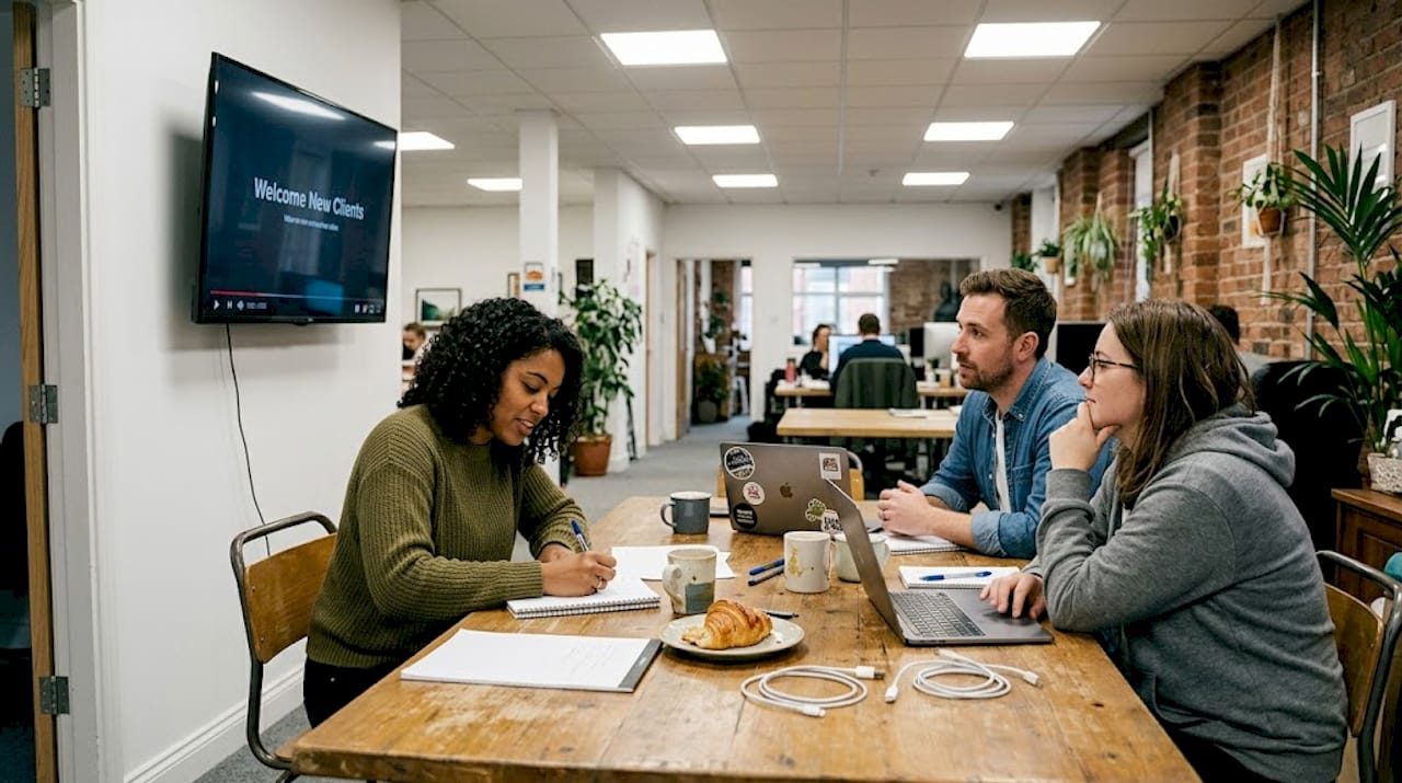 Small team watching onboarding video together