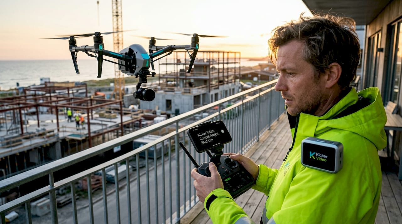 Drone operator capturing footage over construction site