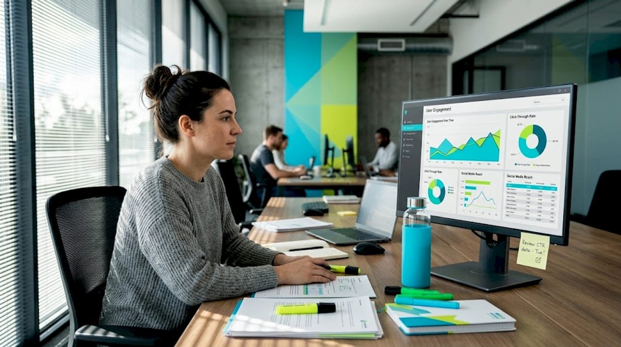 Marketer checks video analytics at desk