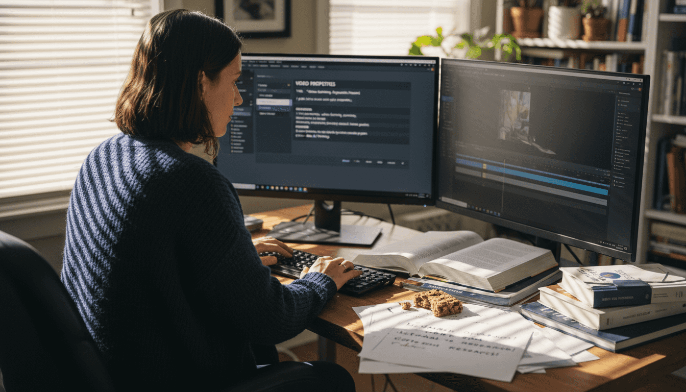 Woman editing video metadata at home desk