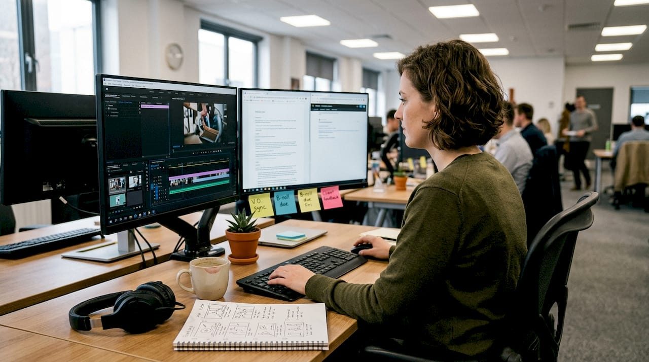 Producer editing explainer video at open office workstation