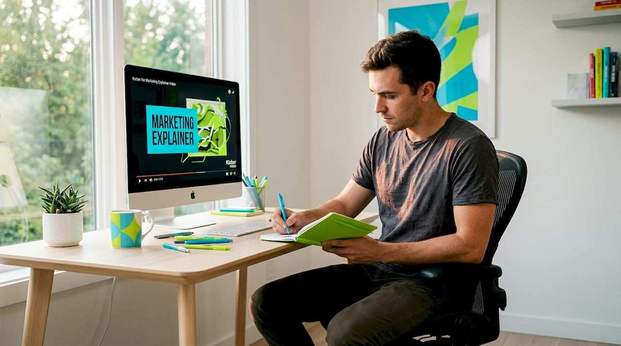 Man taking notes while watching marketing video