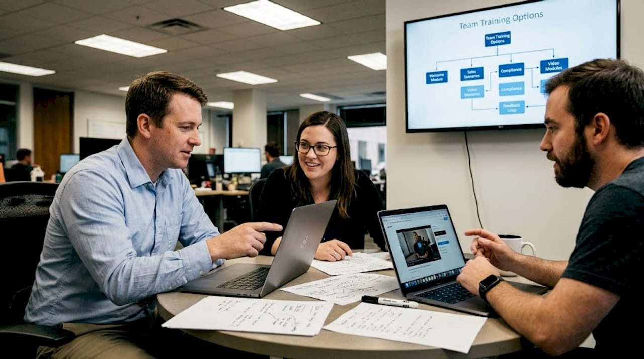 Coworkers discussing interactive video features