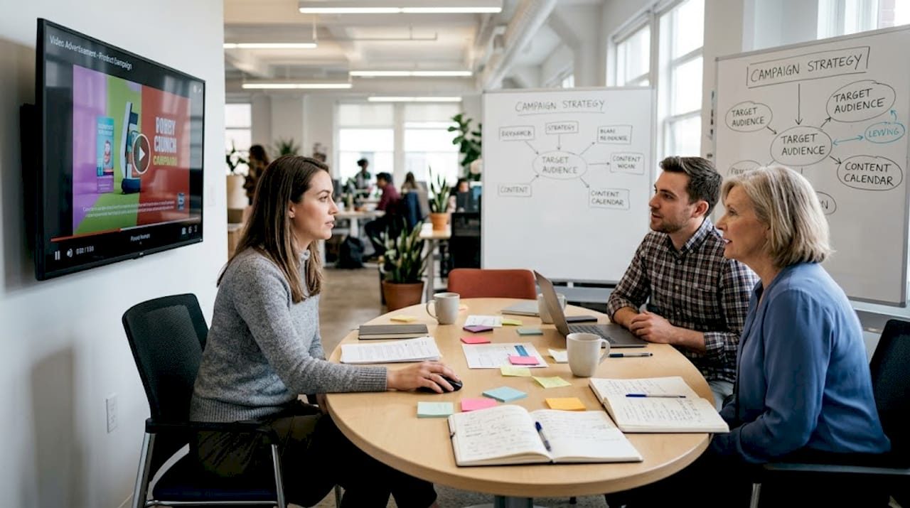 Office team watches marketing video ad