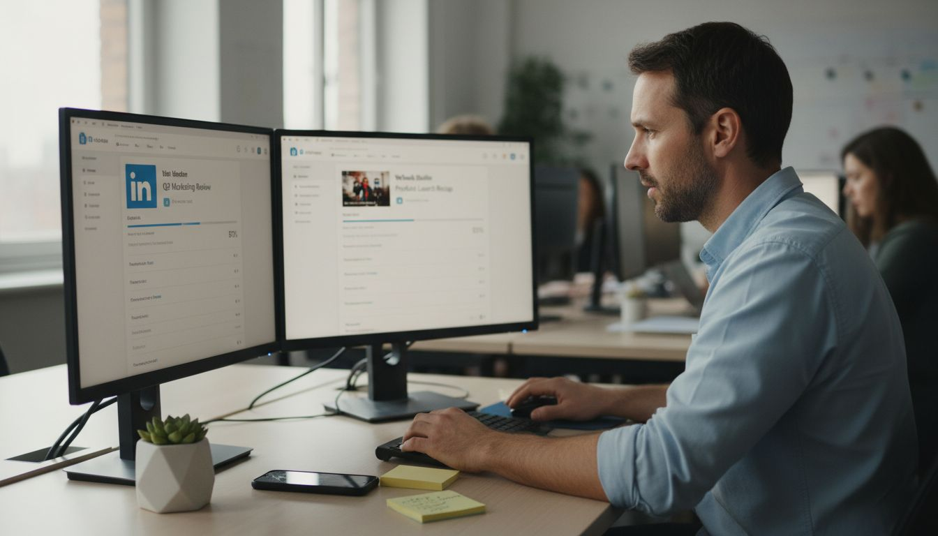 Marketer uploading video to LinkedIn and YouTube