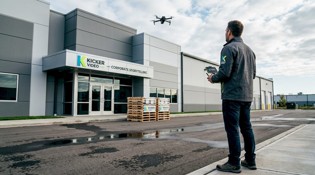 Drone pilot flying near business warehouse
