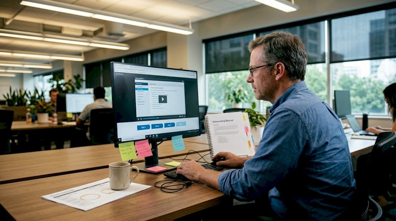Man following onboarding steps on workspace monitor