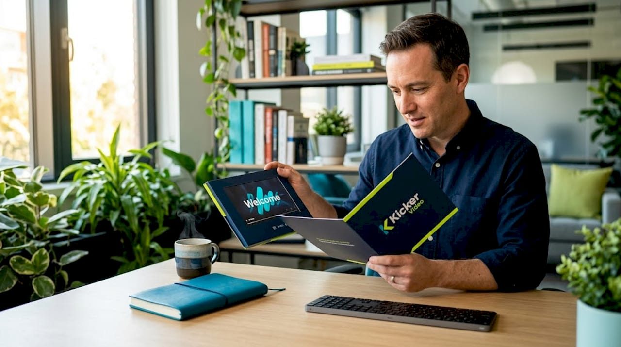Executive opening video mailer at desk