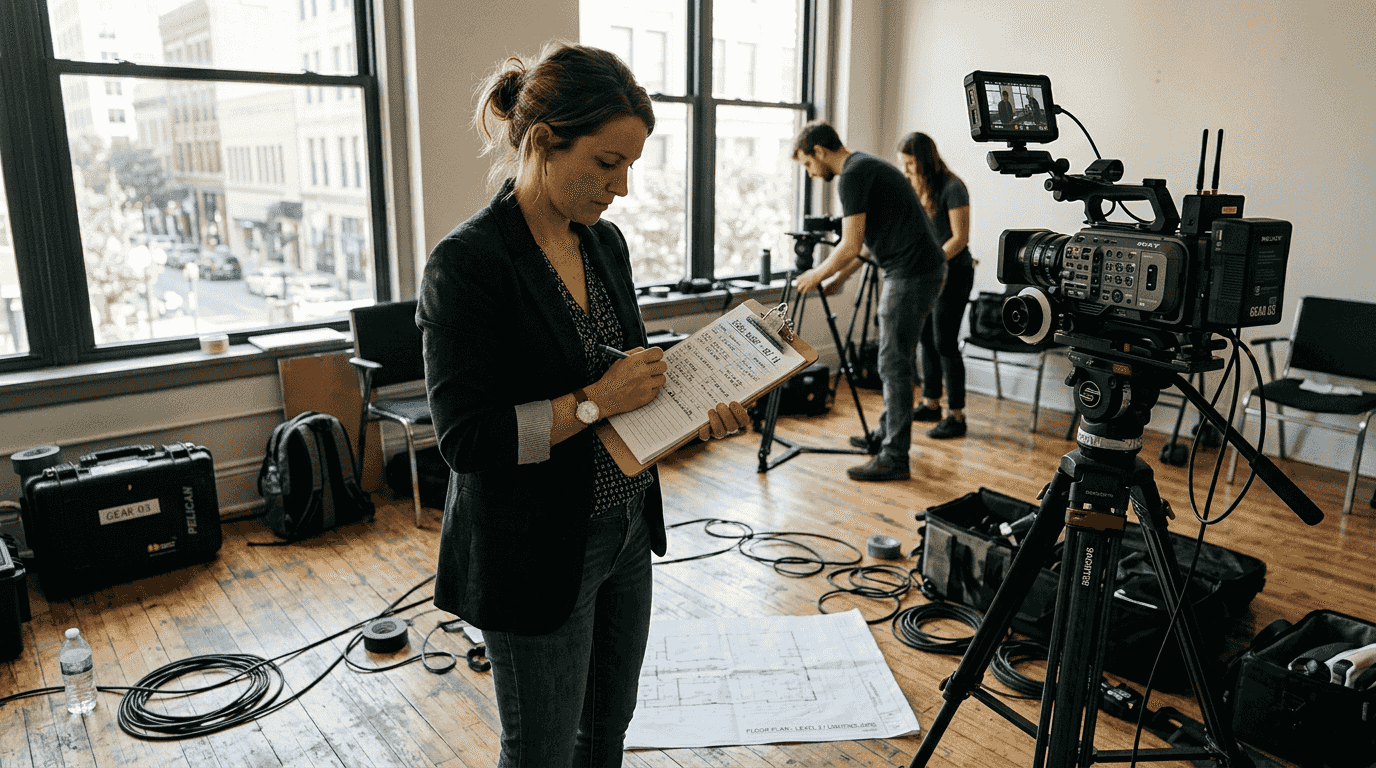 Documentary production team preparing filming