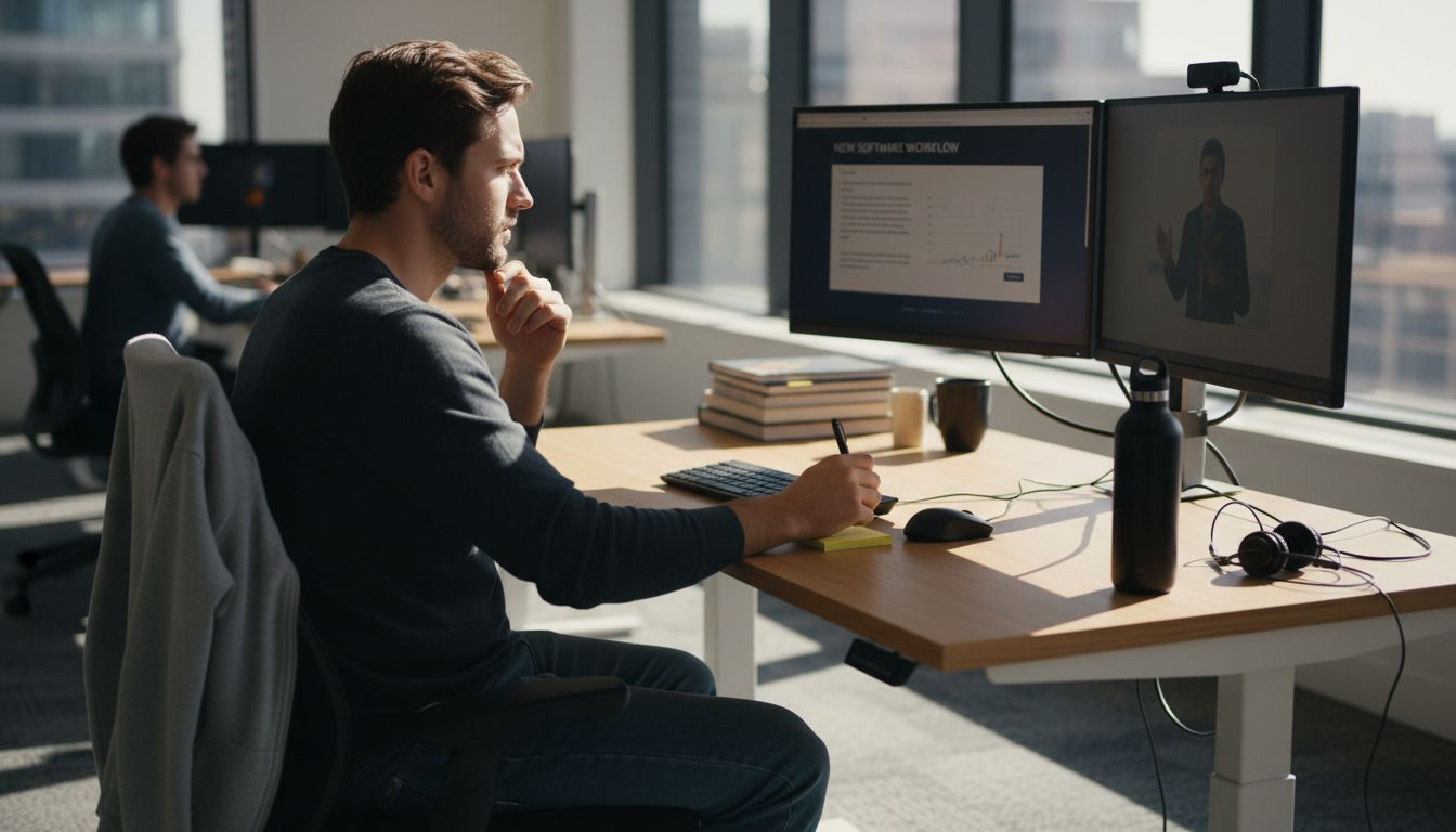 Employee pausing training video for notetaking