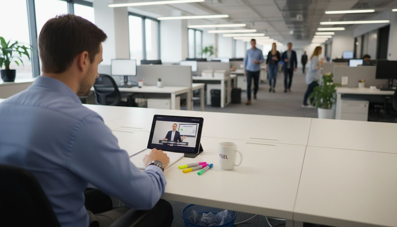 Manager watching video message at desk