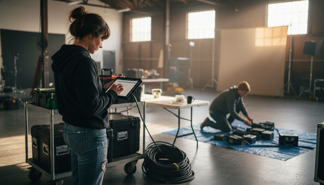 Production coordinator organizing crew and equipment