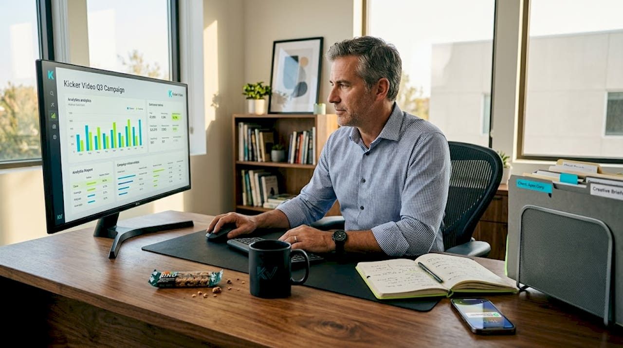 Executive examines video campaign analytics report