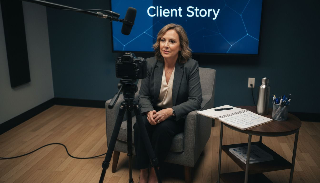 Businesswoman filmed for B2B testimonial interview
