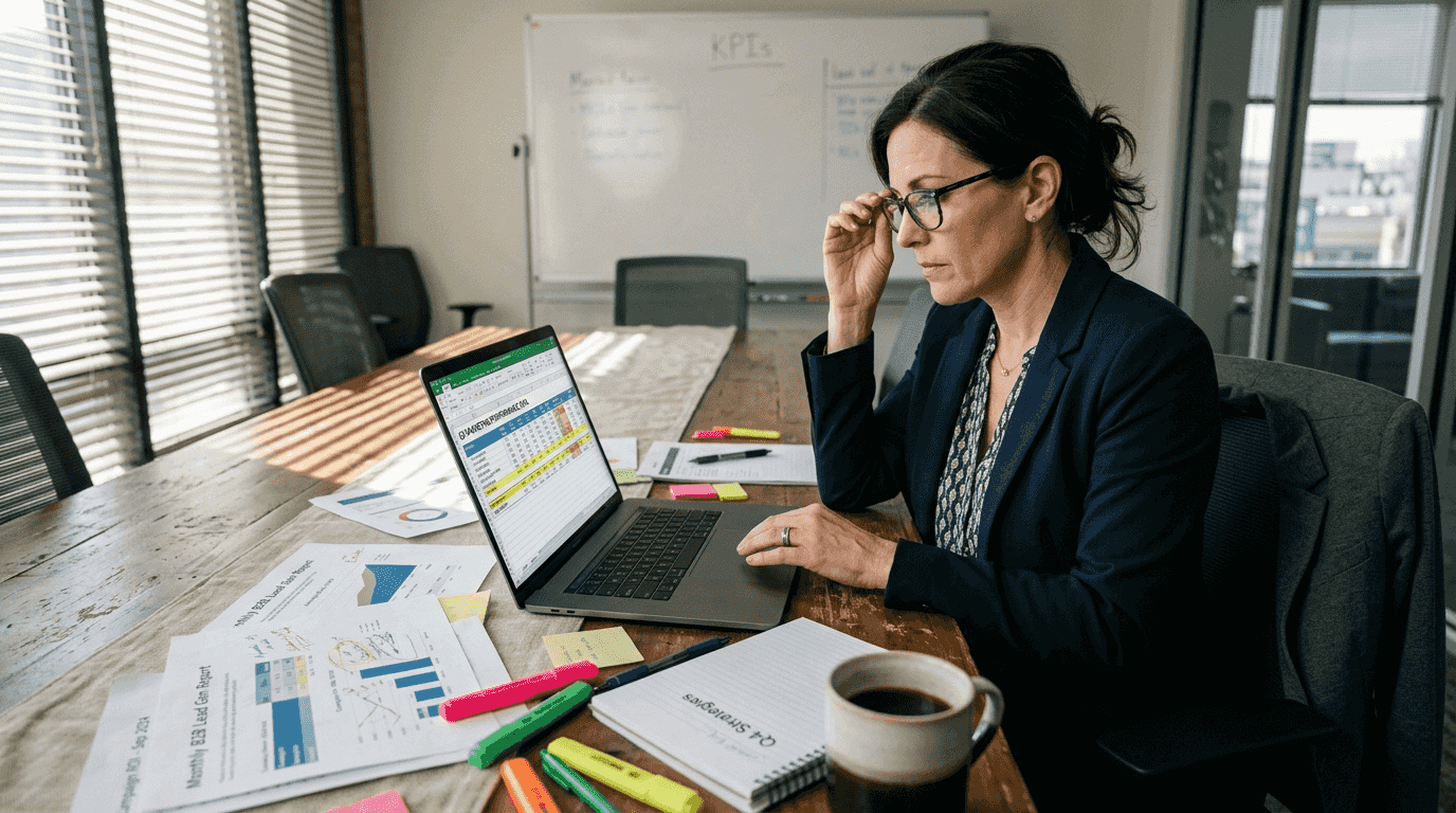 B2B marketer reviewing printed analytics reports