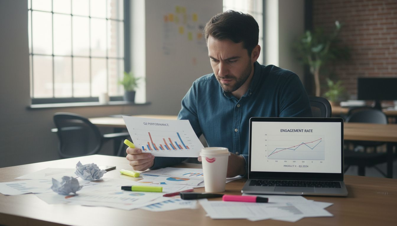 Analyst reviews engagement chart at messy desk