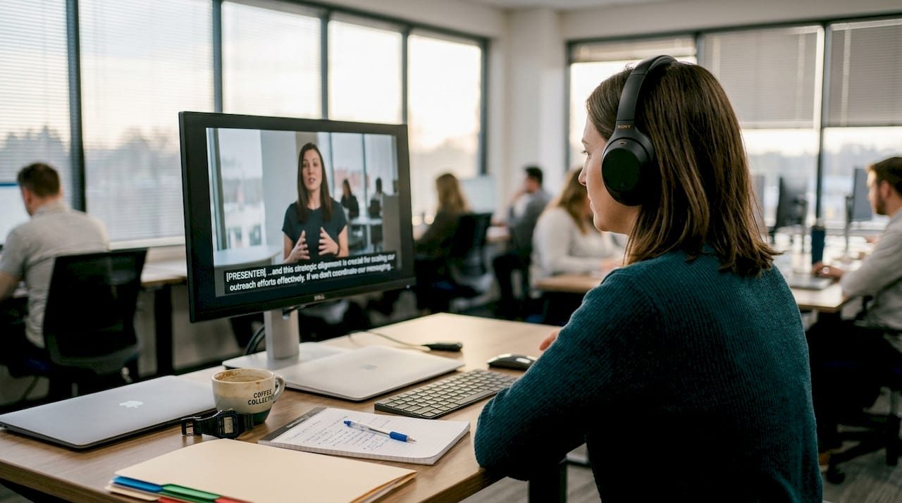 Employee watching captioned training video at desk