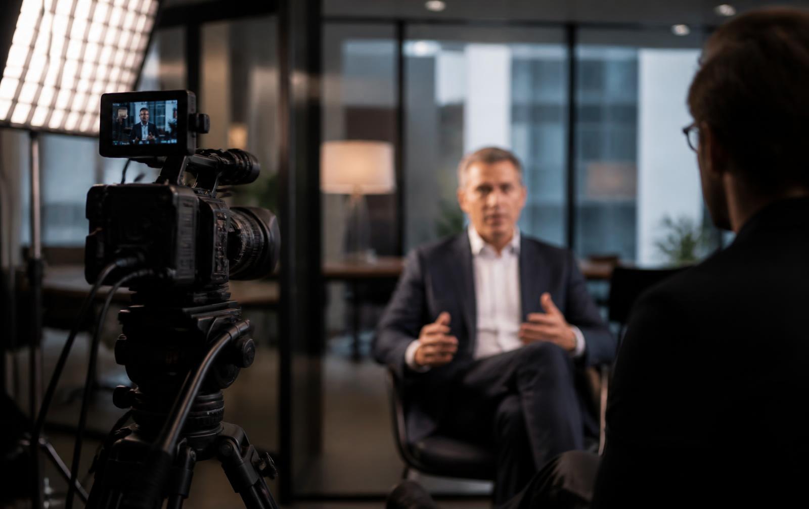 Kicker crew filming an executive interview with professional camera and lighting