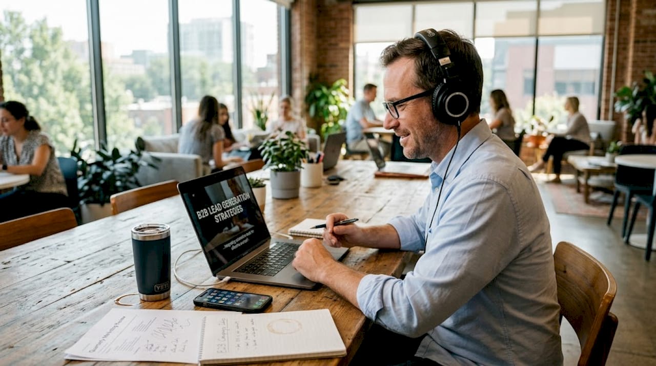 Manager watching captioned business video at desk