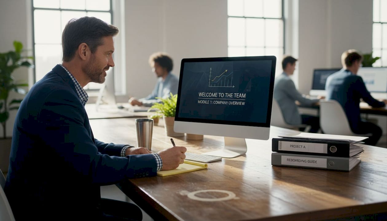 Manager watching onboarding video in conference room